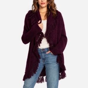 Johnny Was baby alpaca fringed burgundy oversized cardigan sweater. Medium